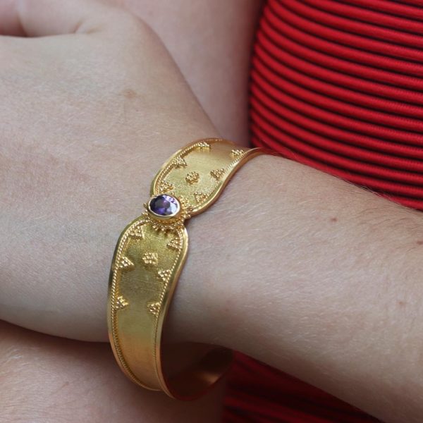 Ancient Bracelet, Handmade Bracelet, Silver (925), Gold Plated 24k, Amethyst Stone