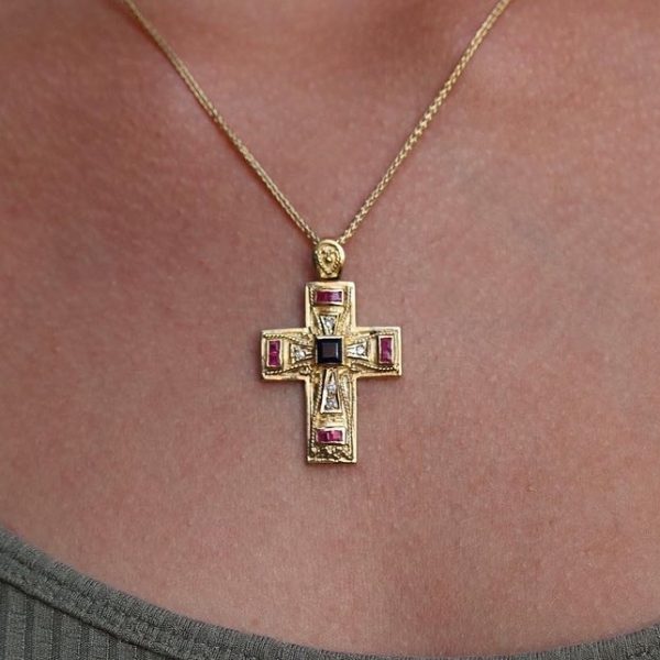 Cross from Imperial Collection, Handmade Gold 18k, 5 Diamonds Br 0.11ct, 9 Rubies and Sapphires CL 1.15ct