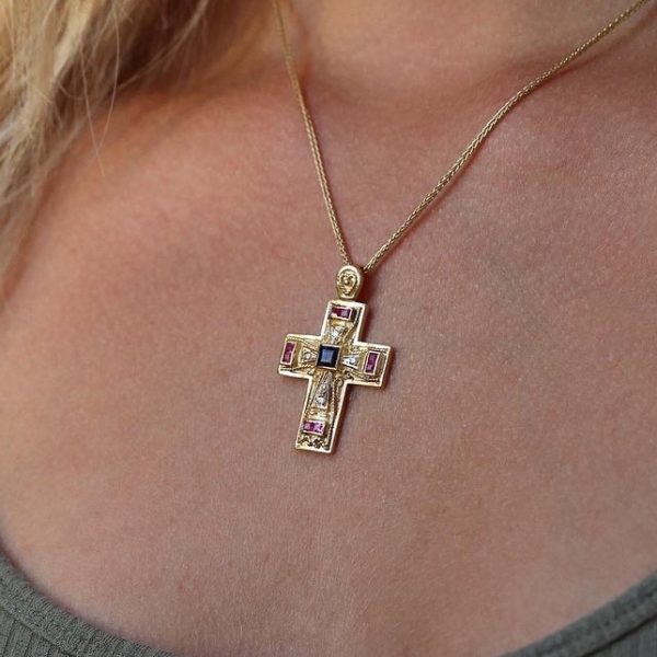 Cross from Imperial Collection, Handmade Gold 18k, 5 Diamonds Br 0.11ct, 9 Rubies and Sapphires CL 1.15ct